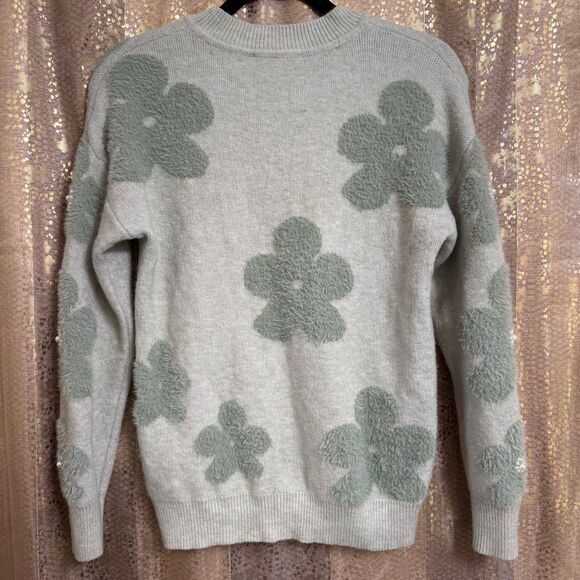 Nanette Lepore Light Sage Green Retro Pearl Fuzzy Floral Sweater XS - Picture 2 of 5